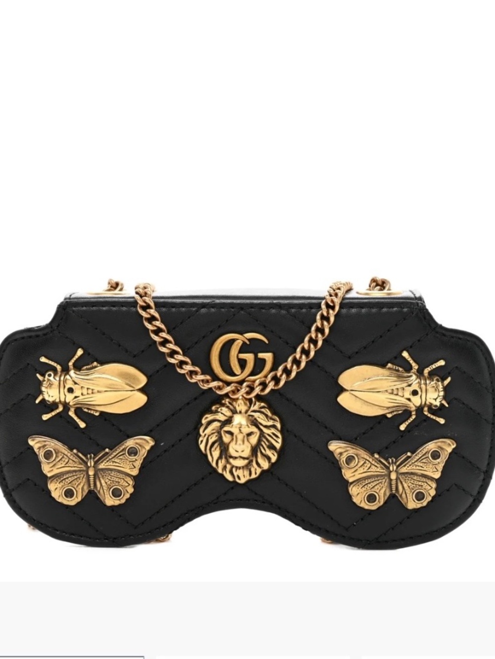 GUCCI Calfskin Matelasse Animal Studs GG Marmont Chain Sunglasses Case Black